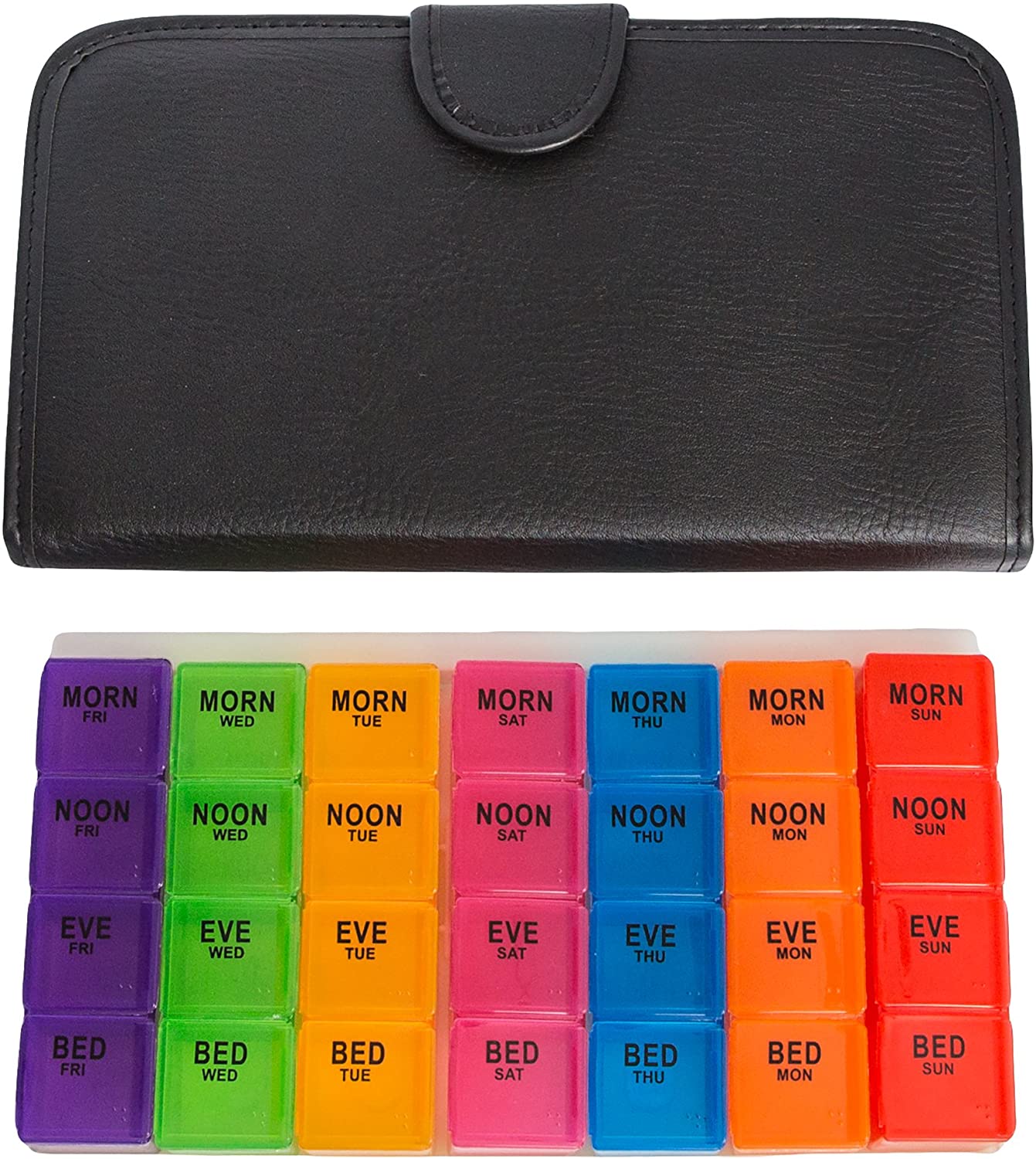 Cute Travel Medication Reminder Daily AM PM, Day Night 7 Compartments-Includes Black Leather PU Carrying Case